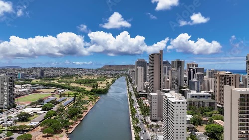 Ala Wai Canal condos with Diamond Head slow right spin