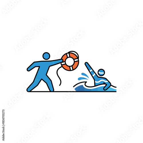 lifeguard throwing lifebuoy to drowning person in the water conveying safety rescue help and emergency for a security and assistance theme.