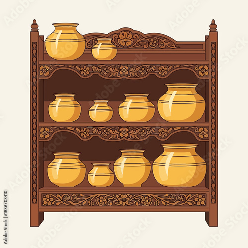 Ornamental arrangement of golden vases on an intricately carved shelf