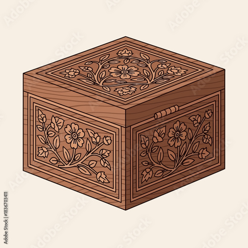 Isometric view of wooden box with carved floral design and soft background