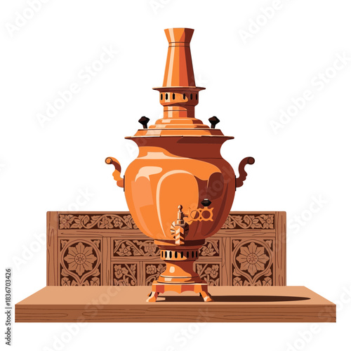 Ornate samovar illustration with patterned wooden panel backdrop