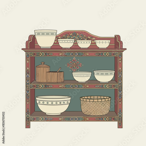 Ornate pantry shelf display with vintage kitchenware, rustic charm
