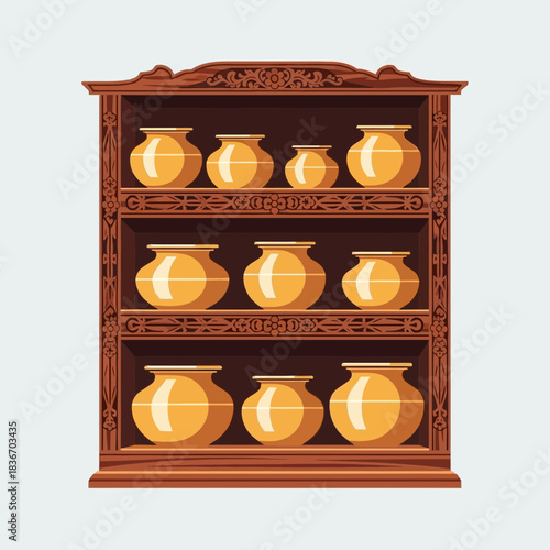 Ornate wooden shelf displaying a collection of vintage pottery vessels