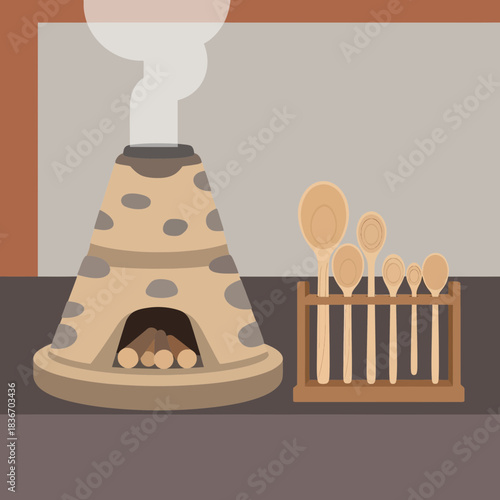 Rustic kitchen scene with a traditional oven and wooden spoon collection