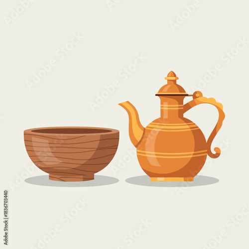Rustic kitchenware composition showcasing a bowl and ceramic jug, detailed vector