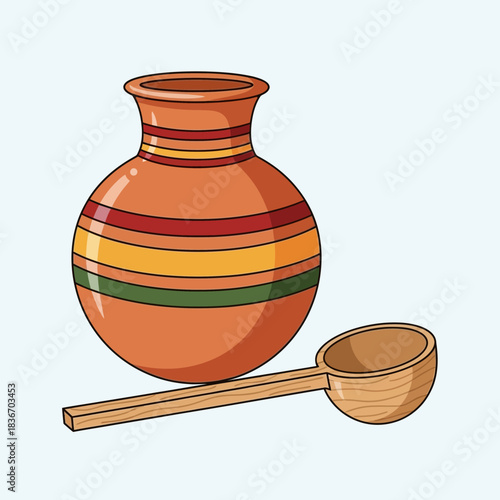 Striped clay pot illustration with wooden ladle on a light background