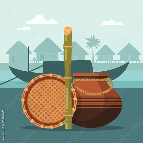 Southeast Asian Rural Landscape with Basket, Pot, and Bamboo Illustration