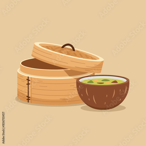 Stylized depiction of a traditional bamboo steamer and a bowl of soup