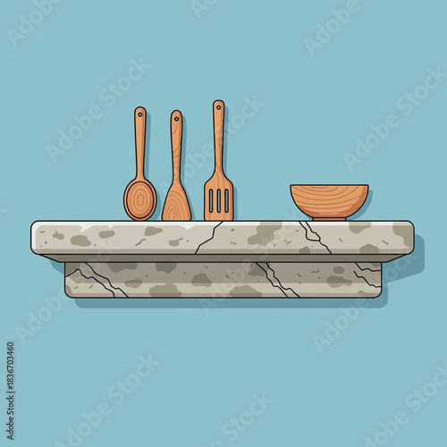 Stylized Kitchen Utensils on a Stone Shelf, Illustration on a Light Blue Wall