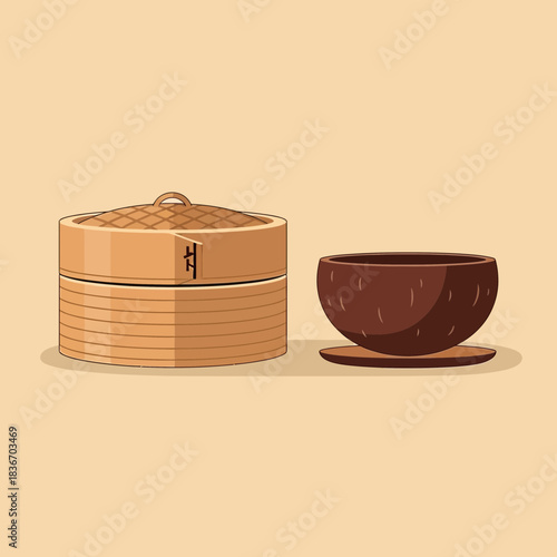 Traditional bamboo steamer and coconut bowl, handcrafted for culinary uses