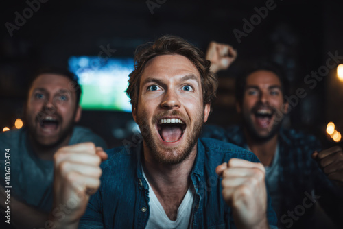 Men celebrating victory while watching a live sports match at home