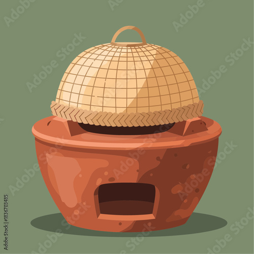 Vintage clay oven with straw cover, rustic cooking object illustration