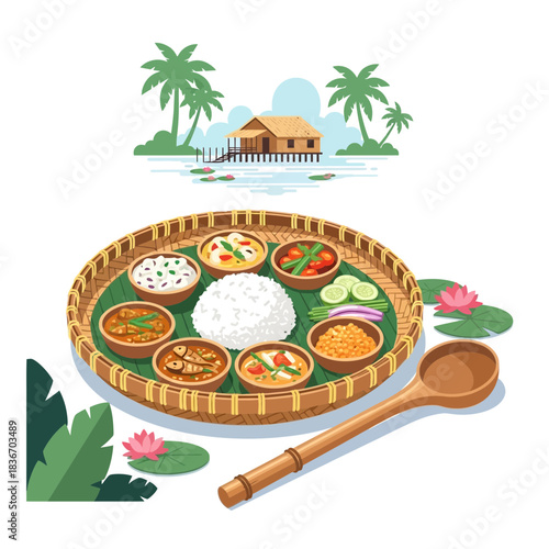 Traditional thai cuisine set near a waterfront stilt house illustration