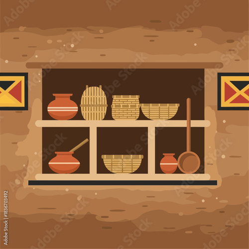 Vintage illustration of a traditional kitchen with earthenware and baskets