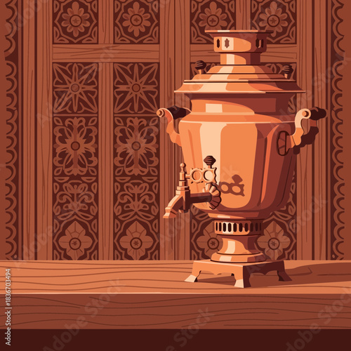Vintage Copper Samovar on Wooden Table against Ornate Wall Illustration