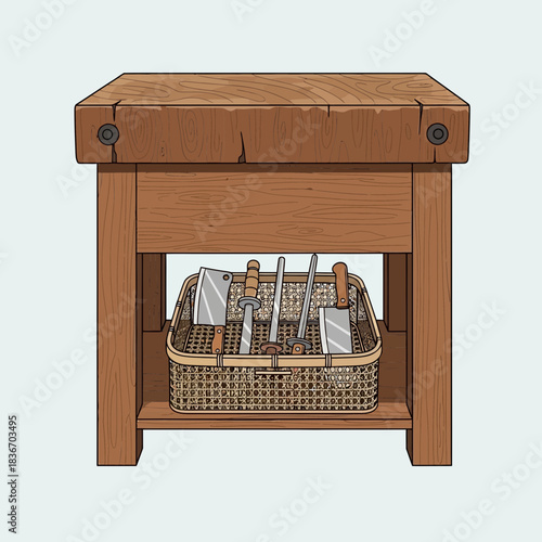 Vintage wooden butcher block with basket of knives and sharpening steel