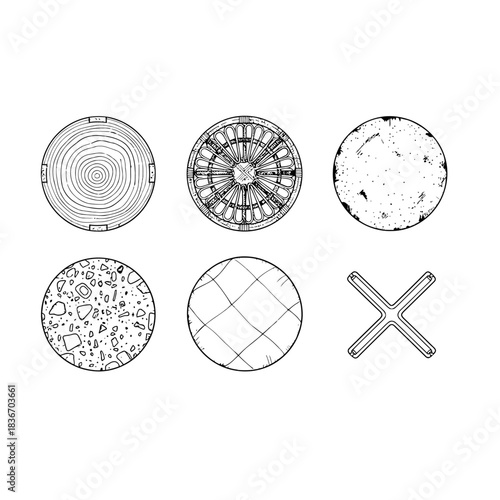 Manhole covers collection diverse designs showcasing urban utility featuring unique patterns textures and construction suitable for infrastructure planning and city design.