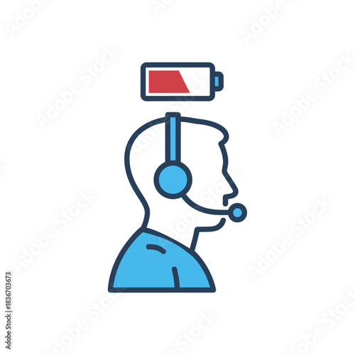 Low energy customer support agent with headset showing burnout depicting mental fatigue exhaustion stress and lack of motivation for corporate marketing