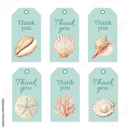 Watercolor Thank You Tags Collection with Nautical Shells and Marine Life