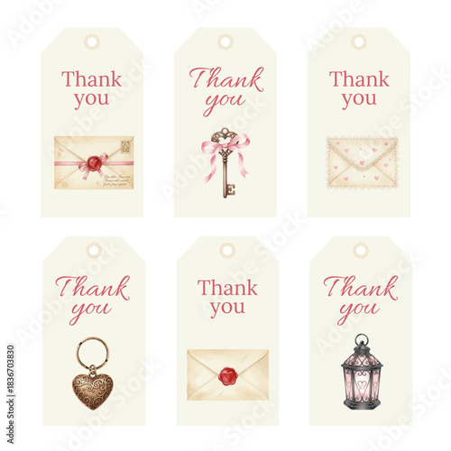 Watercolor Thank You Tags Collection with Vintage Love Letter Elements