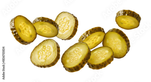 Isolated falling pickled cucumber slices captured on a clean transparent surface, png