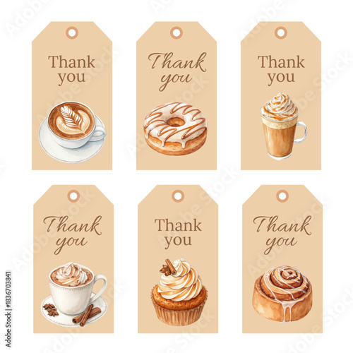 Watercolor Thank You Tags Set with Coffee Bakery and Sweet Desserts