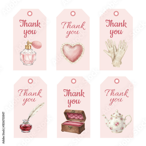 Watercolor Thank You Tags Collection with Vintage Feminine Objects