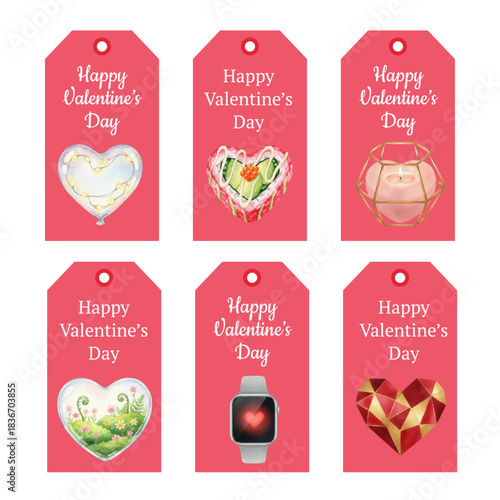 Watercolor Valentine's Day Tags Collection with Heart Shaped Graphics