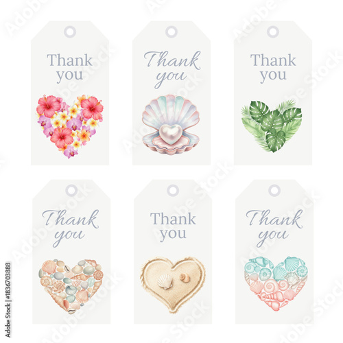 Watercolor Thank You Tags Collection with Tropical Beach Hearts