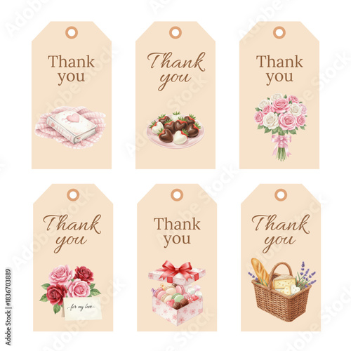 Watercolor Thank You Tags Collection with Romantic Gift Illustrations