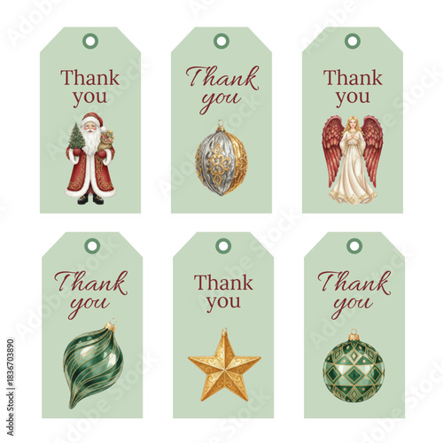 Watercolor Christmas Thank You Tags with Santa and Ornaments