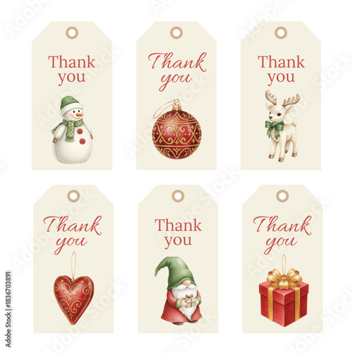 Watercolor Christmas Thank You Tags with Snowman Reindeer and Gnome