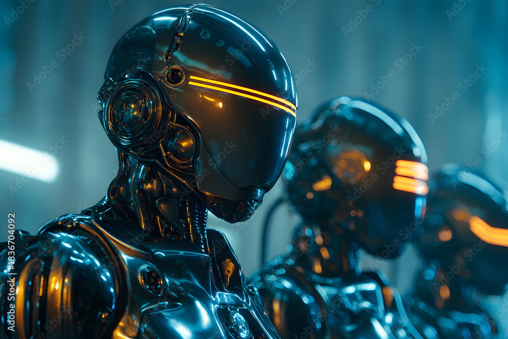 Fototapeta premium Futuristic robots lined up in a high-tech setting showcasing advanced design and glowing features