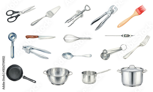 Watercolor Collection of Essential Stainless Steel Kitchen Utensils