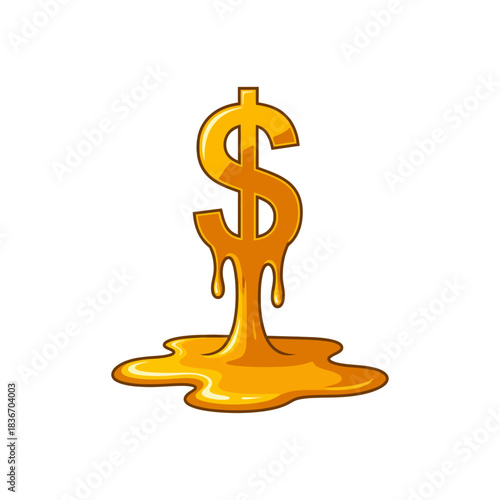 melting dollar sign concept oozing golden currency illustrating financial crisis economic instability money problems suited for finance blogs and investment articles.