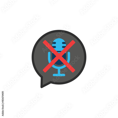 Microphone muted in a gray speech bubble indicating communication issues on a white background perfect for illustrating concepts of online meetings.