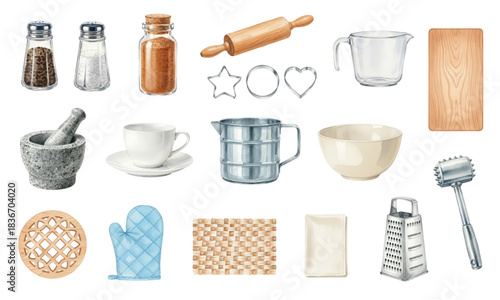 Watercolor Set of Modern Kitchen Cooking Appliances and Gadgets