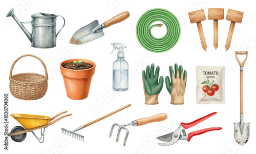 Watercolor Set of Garden Tools and Planting Supplies
