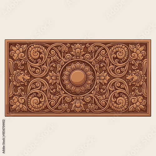 Detailed Decorative Floral Carving Panel with Intricate Ornamentations