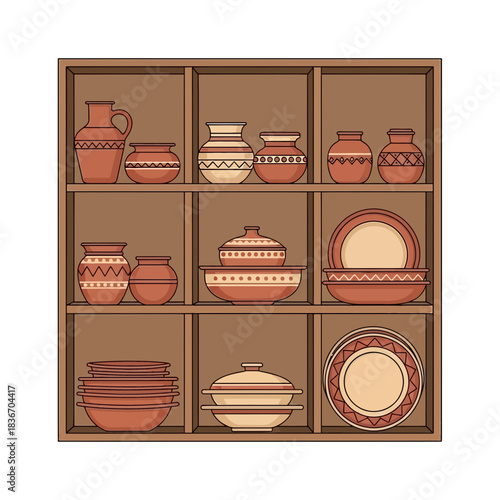 Earthenware collection displayed on wooden shelving unit with tribal accents