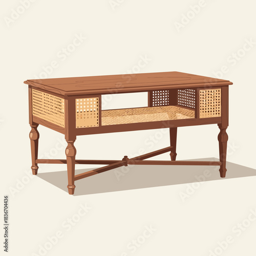 Elegant wooden coffee table with cane weaving accents for home decor