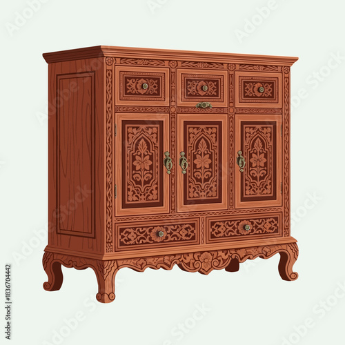 Elegant carved wooden cabinet with intricate floral details and brass handles
