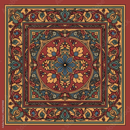 Floral Ornamented Square Carpet with Earthy Tones and Intricate Detailing