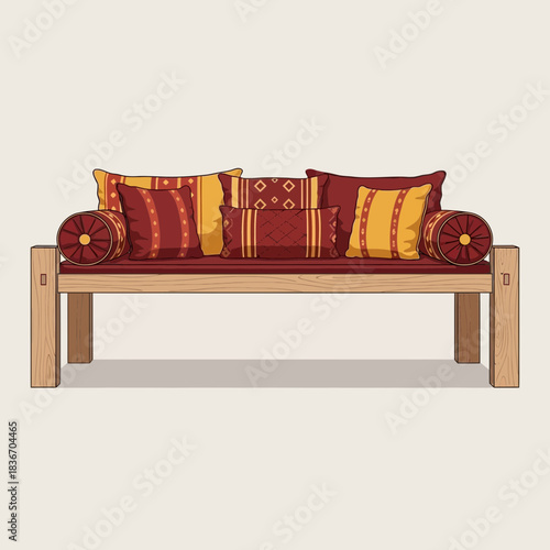 Hand drawn wooden bench with multiple decorative cushions for interiors