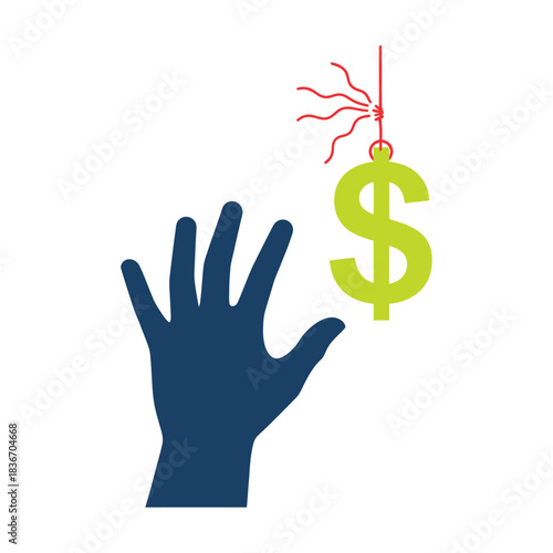Money trap concept A blue hand reaching for a green dollar sign dangling from a string illustrating financial risk and deceptive offers.