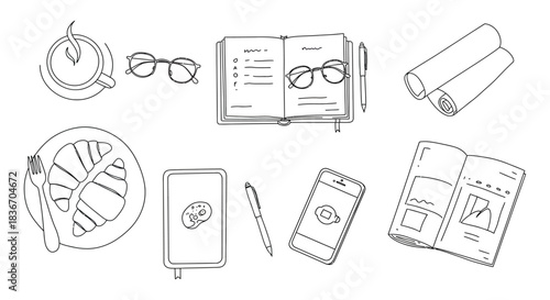 Morning routine coffee croissant notebook and phone for a productive day ideal for blog header or personal development content and organization