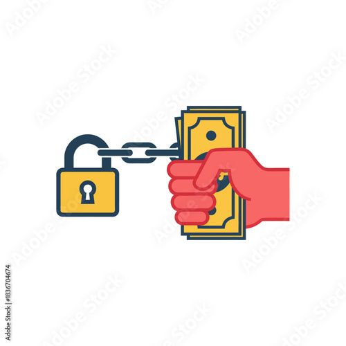 Money locked a hand gripping chained currency symbolizing financial restrictions and control ideal for illustrating business and economic constraints.