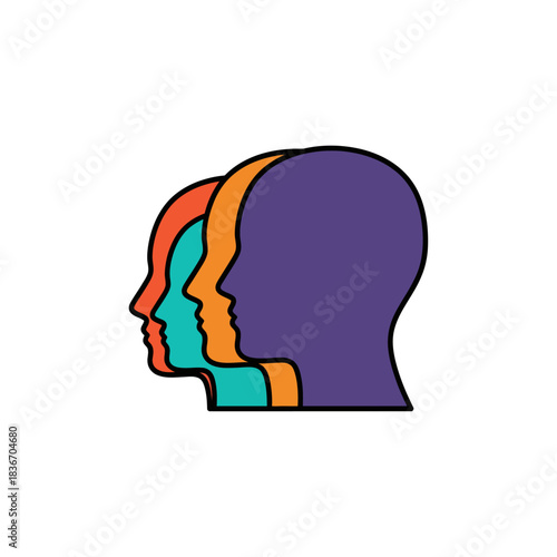 Multiple perspectives illustrating different viewpoints several heads lined up representing collaboration and diverse opinions suitable for business strategy and communication