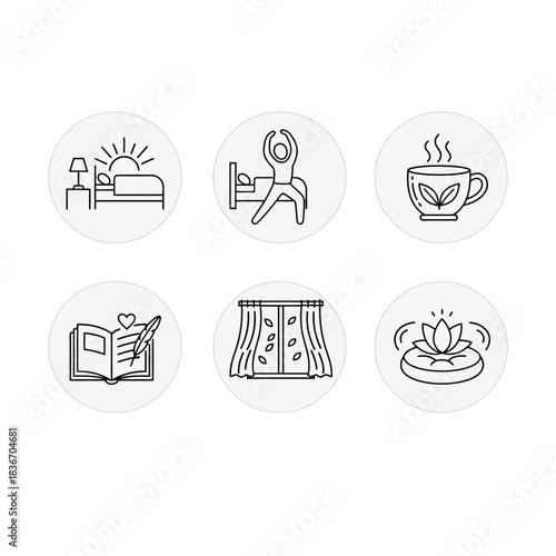 Morning routine icons waking up stretching coffee journaling opening curtains and meditating for a healthy mindful lifestyle.