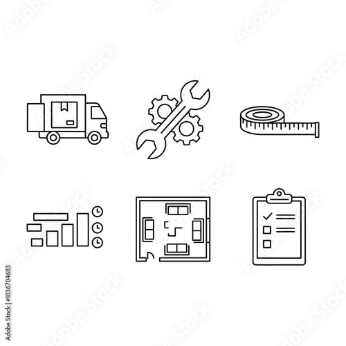 moving service outline icons truck delivers furniture with repair floor plan and checklist illustrating relocation installation and home planning service